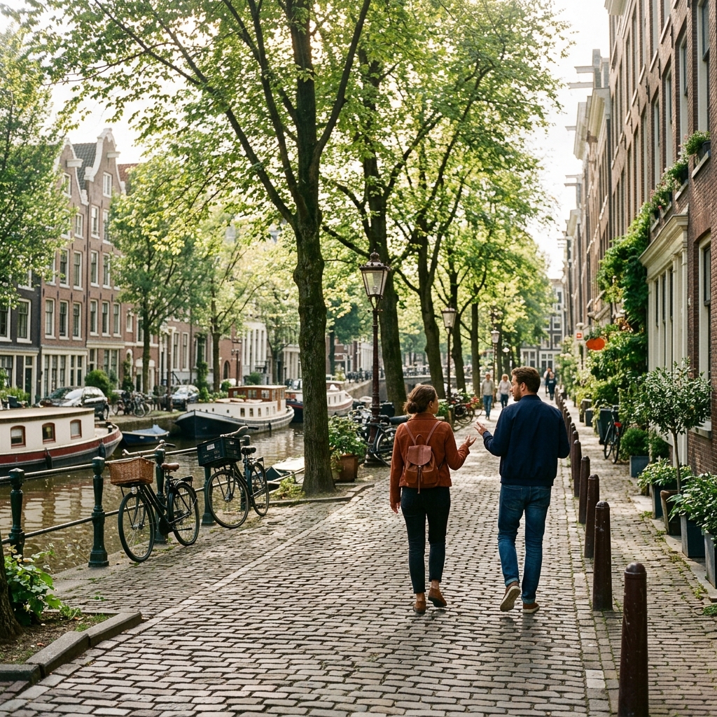 Two people exploring a picturesque Amsterdam street.